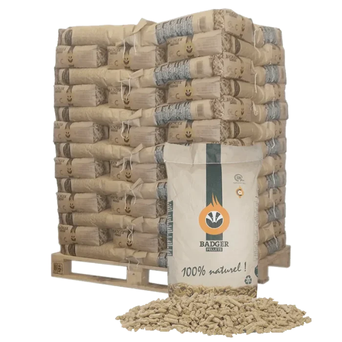 Pellet di legno BADGER – pallet da 65 sacchi da 15 kg ciascuno